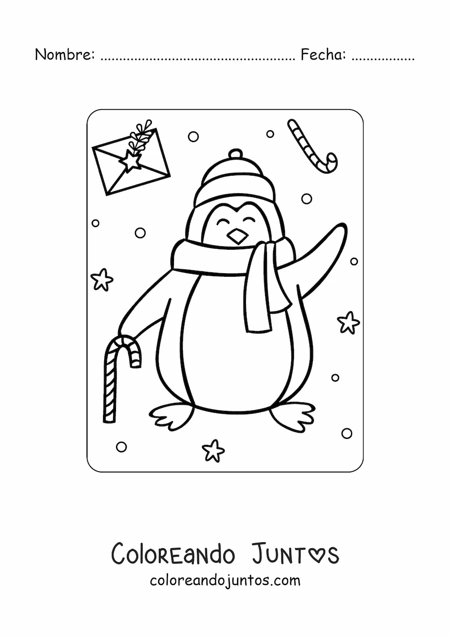 Imagen para colorear de pingüino navideño con bufanda