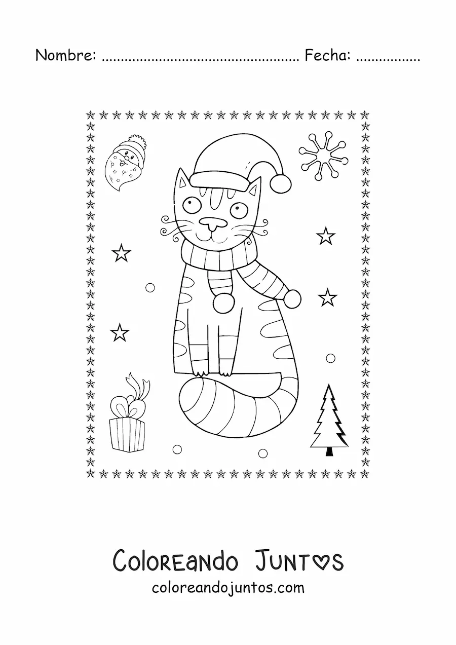 Imagen para colorear de gato navideño con bufanda