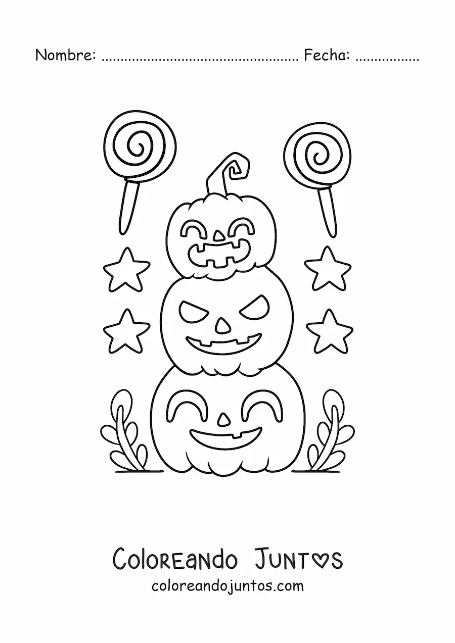 Imagen para colorear de calabazas de Halloween bonitas con dulces