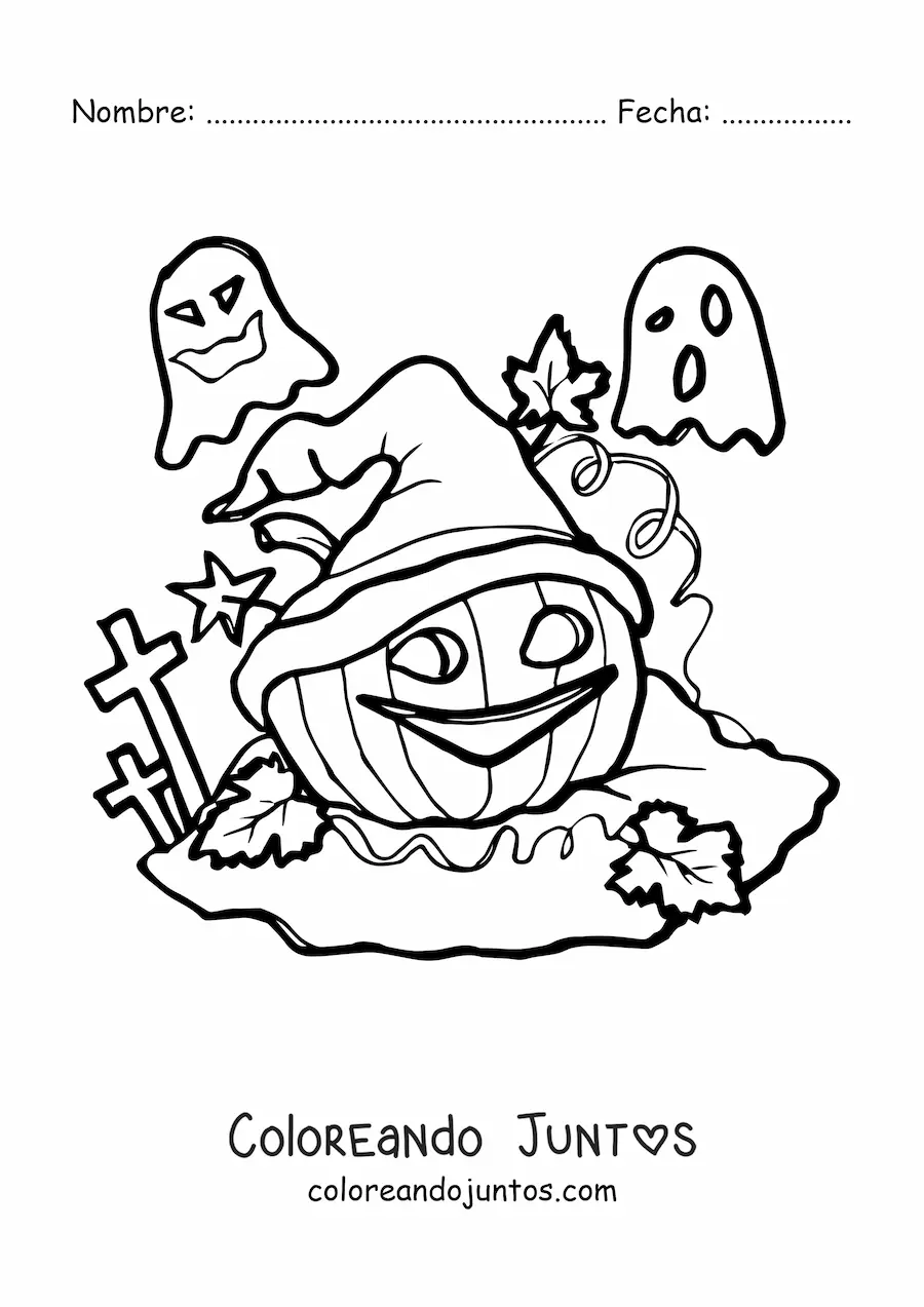 Imagen para colorear de calabaza de Halloween jumbo con sombrero