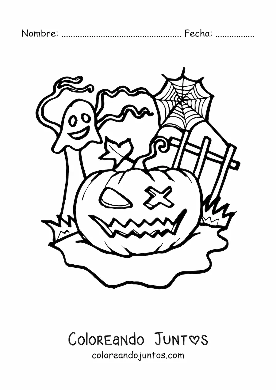 Imagen para colorear de calabaza de Halloween de miedo con fantasma y telarañas