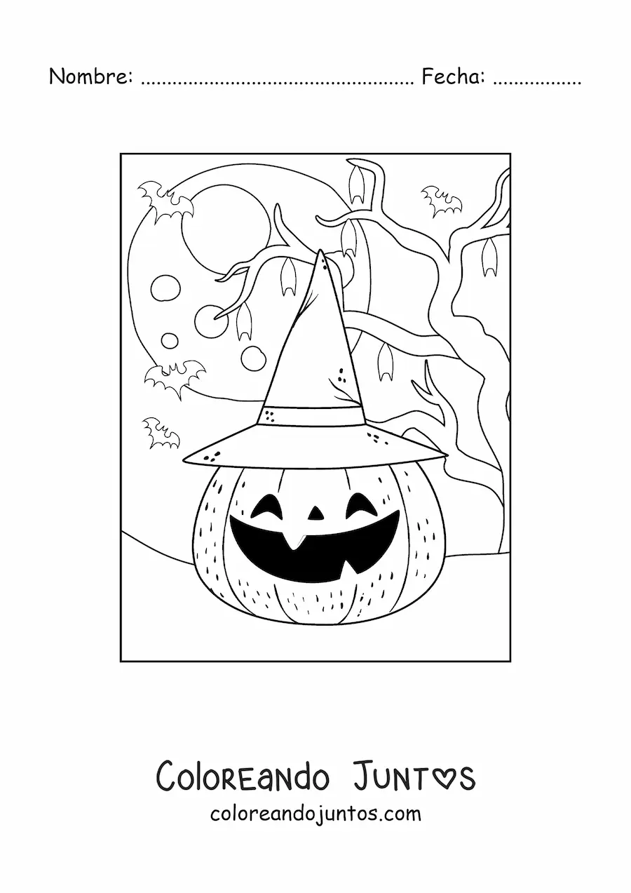 Imagen para colorear de calabaza de Halloween kawaii con sombrero