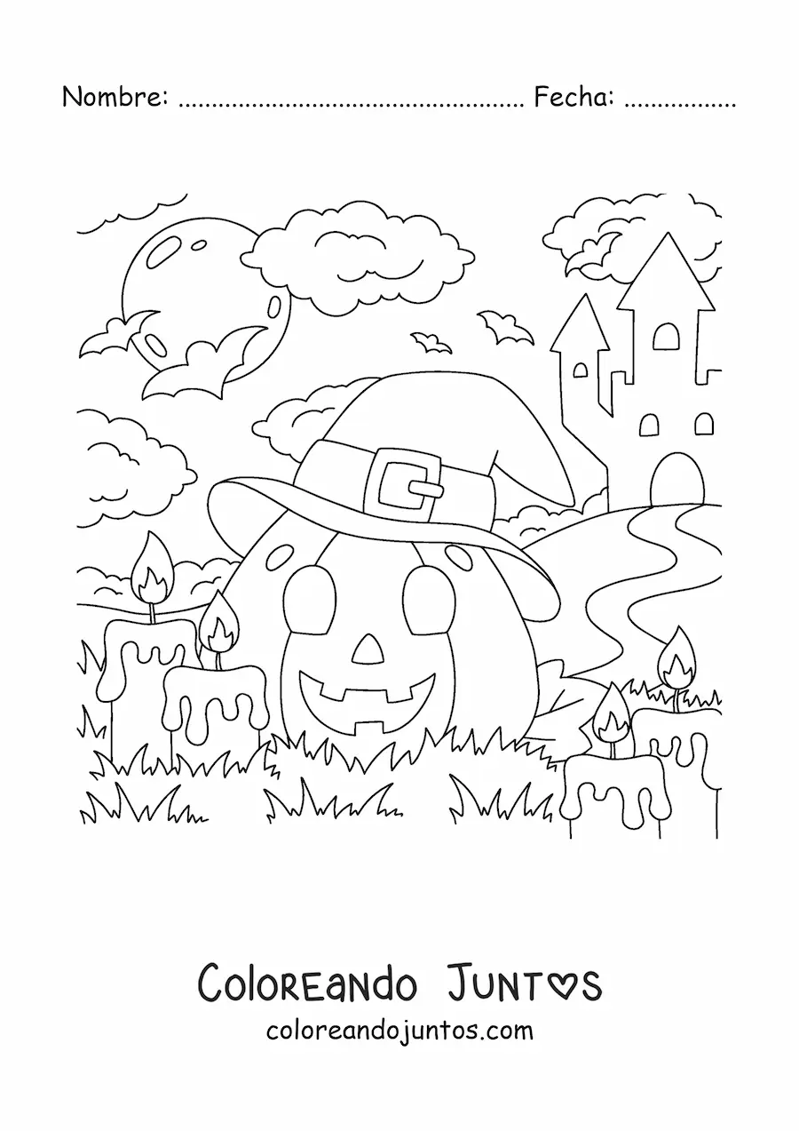 Imagen para colorear de calabaza de Halloween kawaii con sombrero y velas