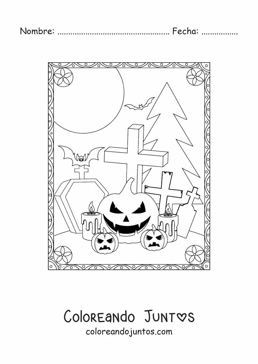Imagen para colorear de calabazas de Halloween terroríficas con tumbas y murciélagos