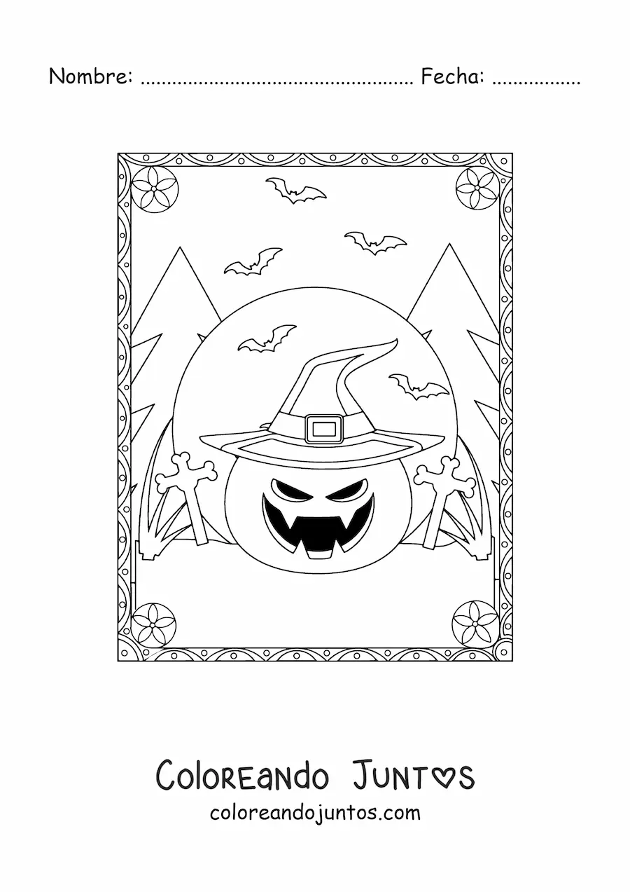 Imagen para colorear de calabazas de Halloween aterradoras con sombrero