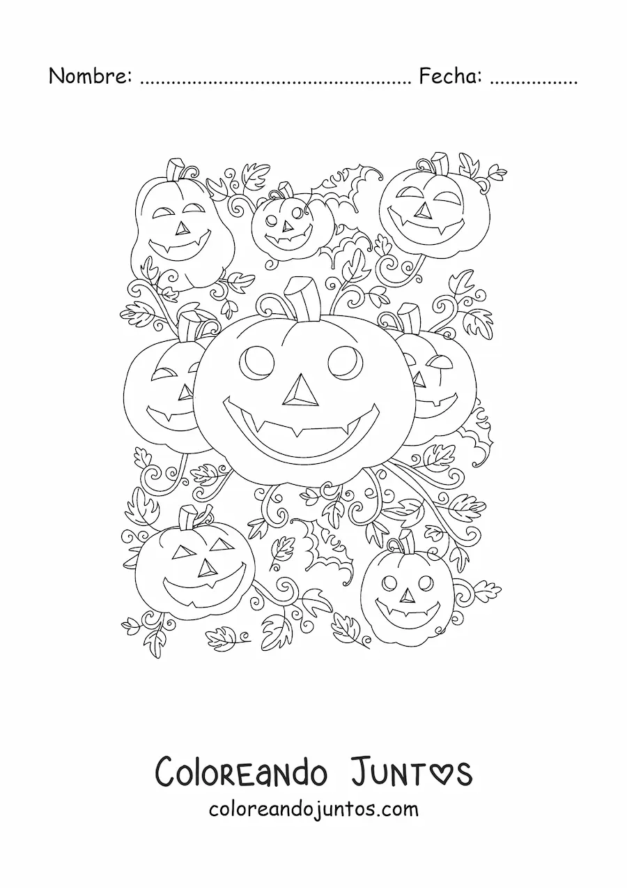 Imagen para colorear de calabazas de Halloween hermosas con hojas de otoño