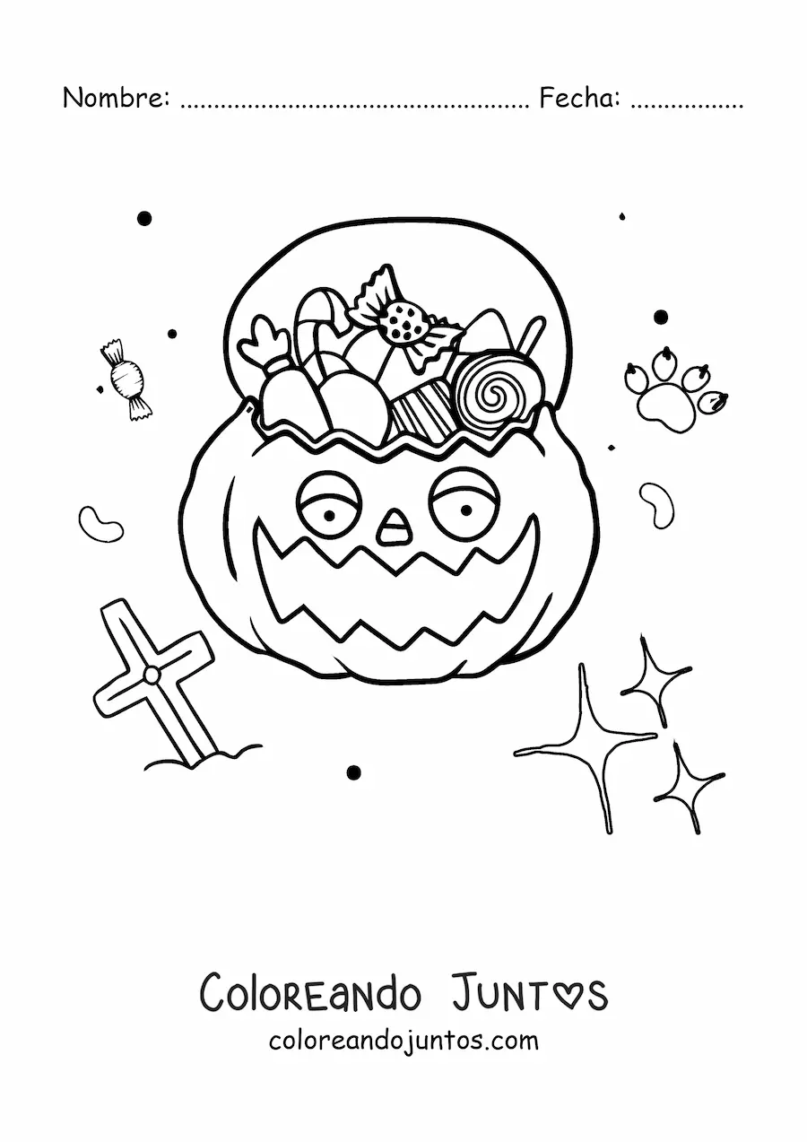 Imagen para colorear de caricatura de calabaza de Halloween con dulces