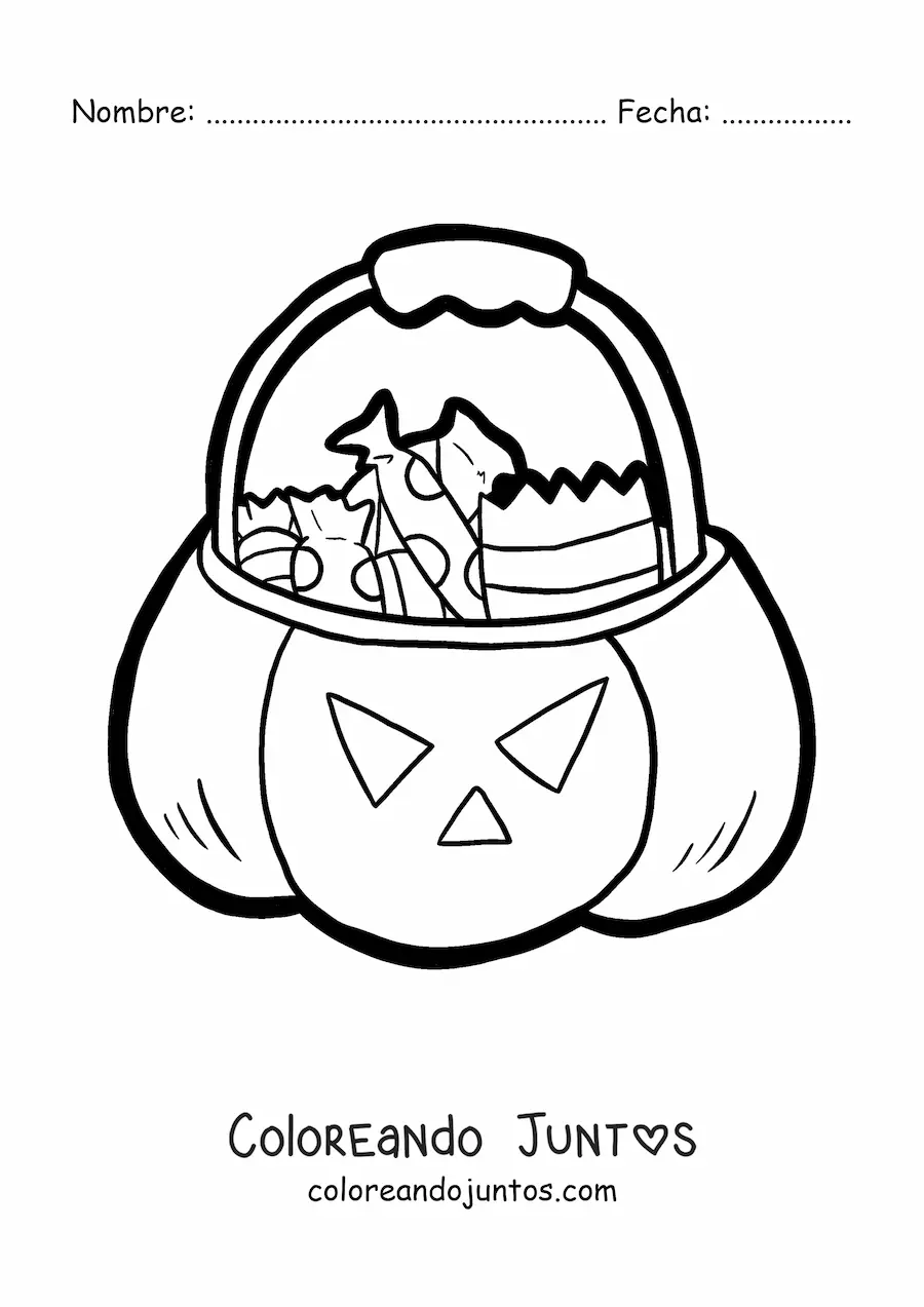 Imagen para colorear de calabaza de Halloween grande con dulces
