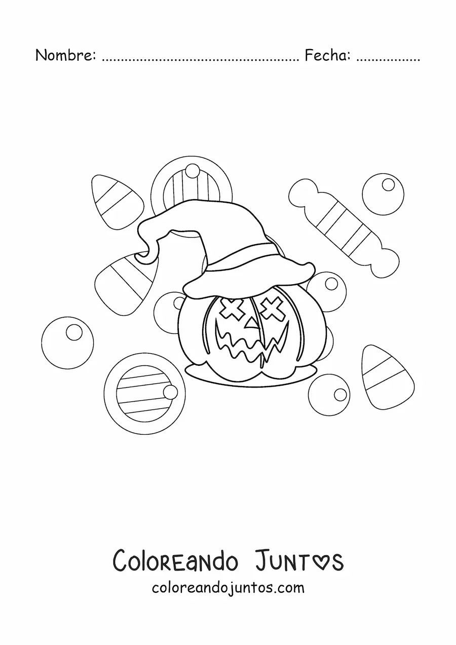 Imagen para colorear de calabaza de Halloween sencilla con sombrero y dulces