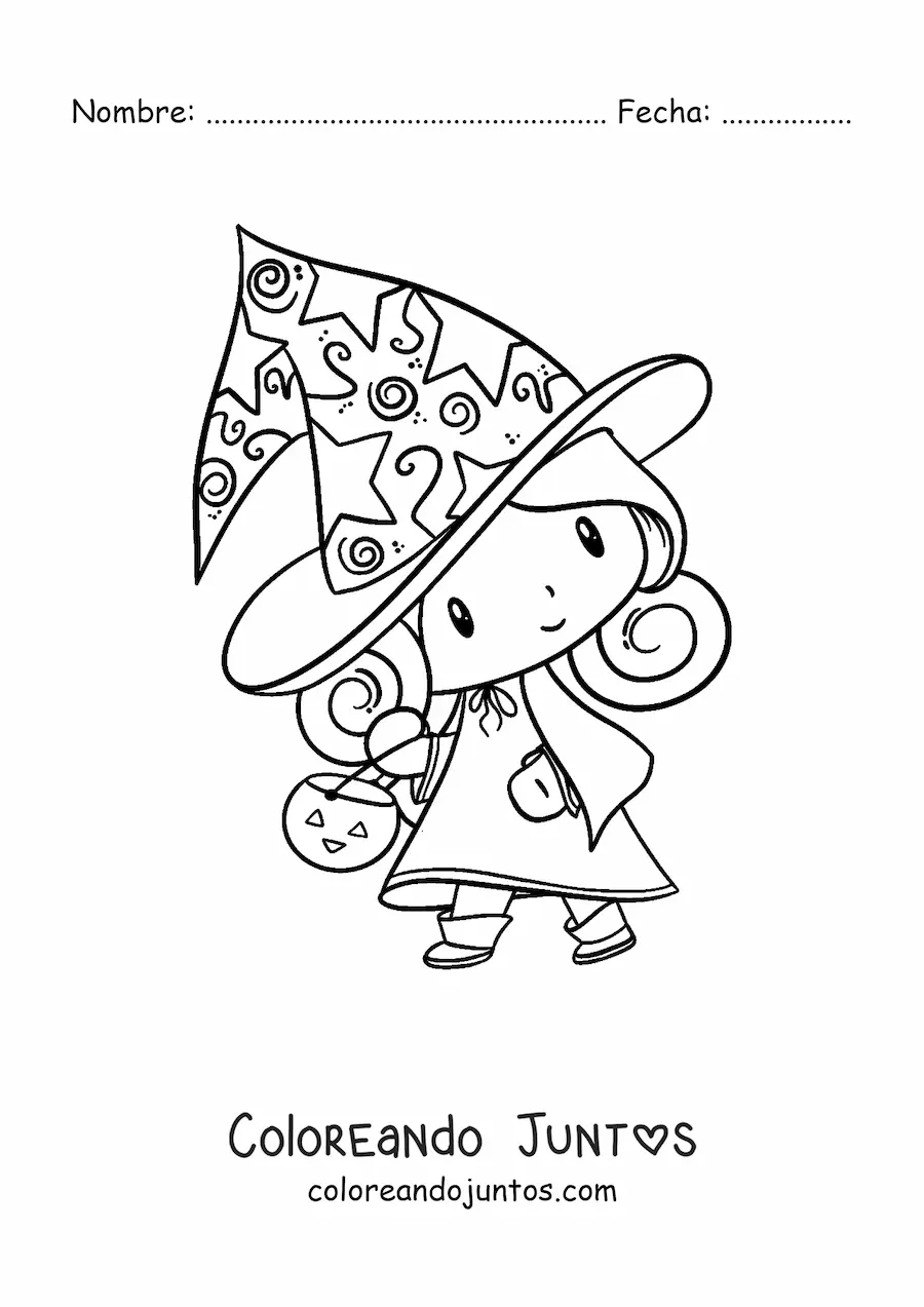 Imagen para colorear de bruja kawaii
