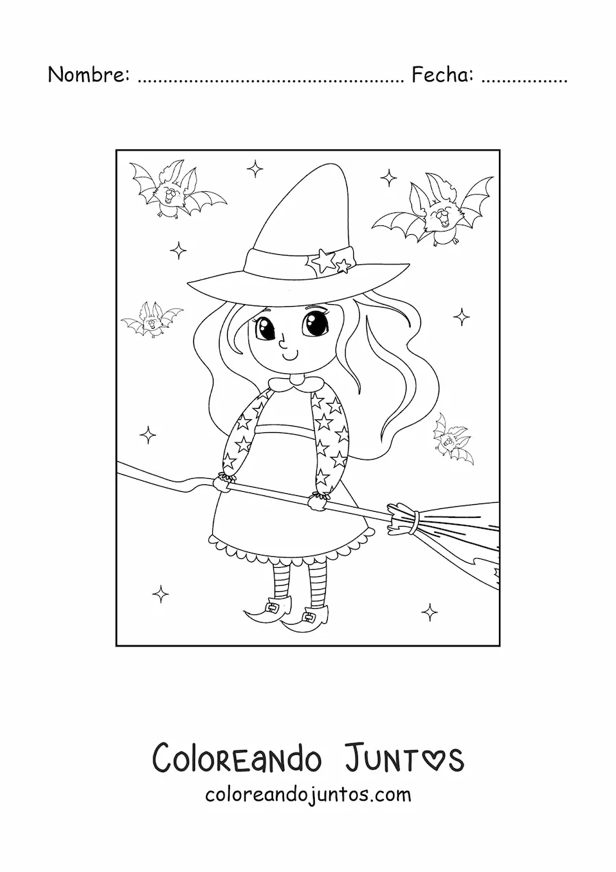 Imagen para colorear de brujita kawaii con escoba y murciélagos