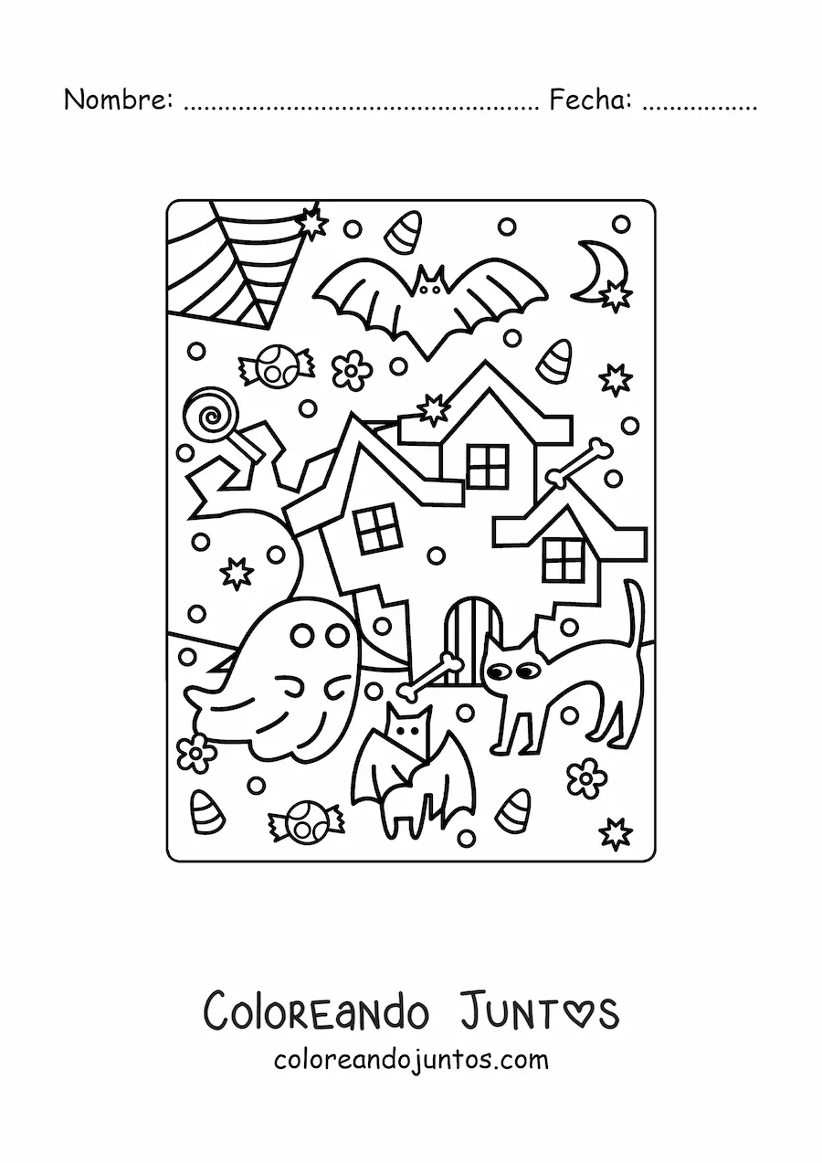 Imagen para colorear de casa encantada kawaii con gato y dulces de Halloween