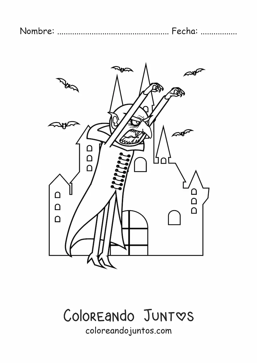 Imagen para colorear de monstruo con castillo embrujado de Halloween
