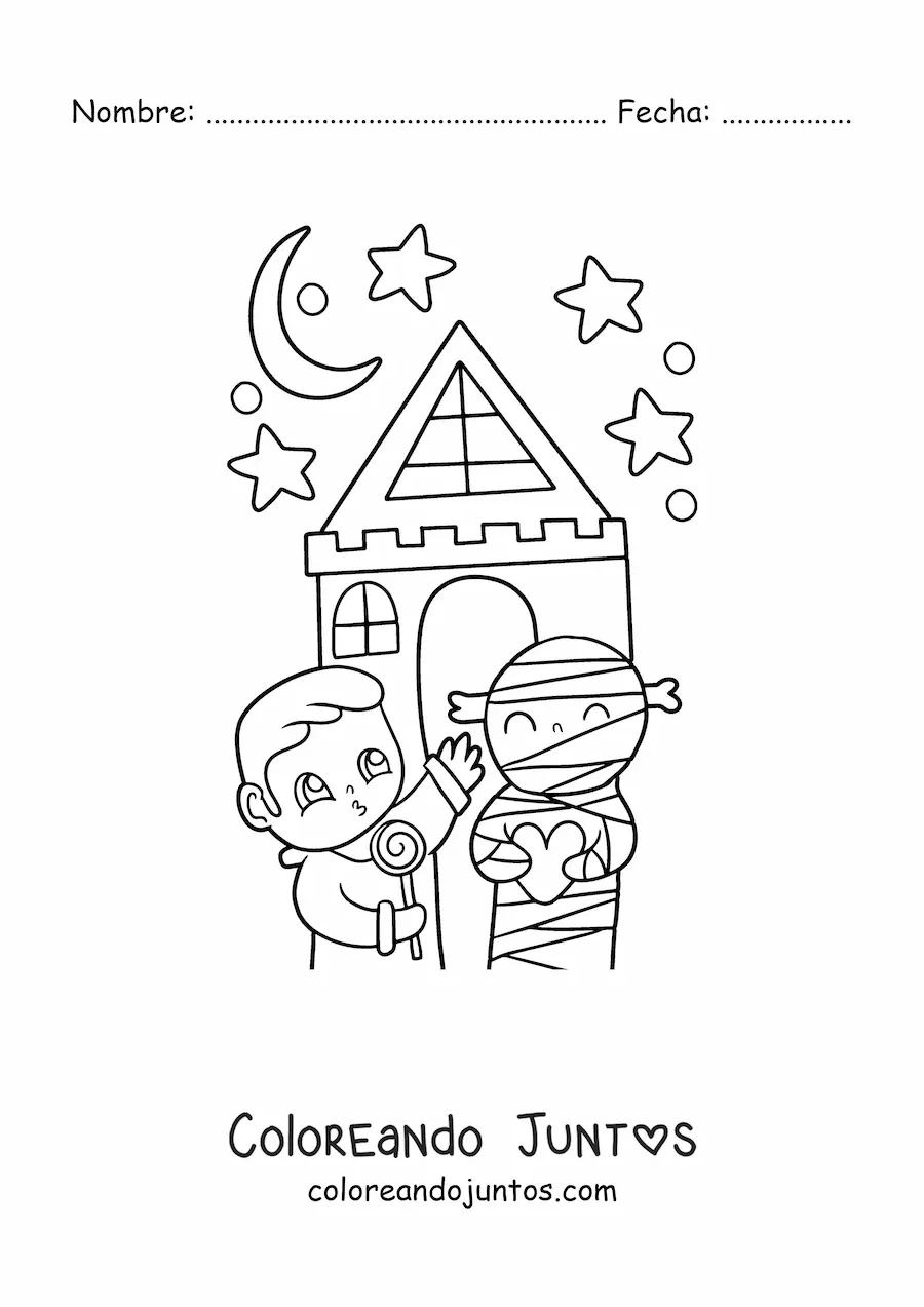 Imagen para colorear de casa encantada kawaii con niño y momia