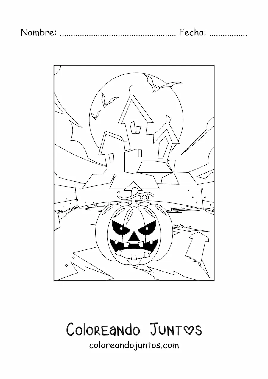 Imagen para colorear de calabaza de Halloween terrorífica con mansión embrujada