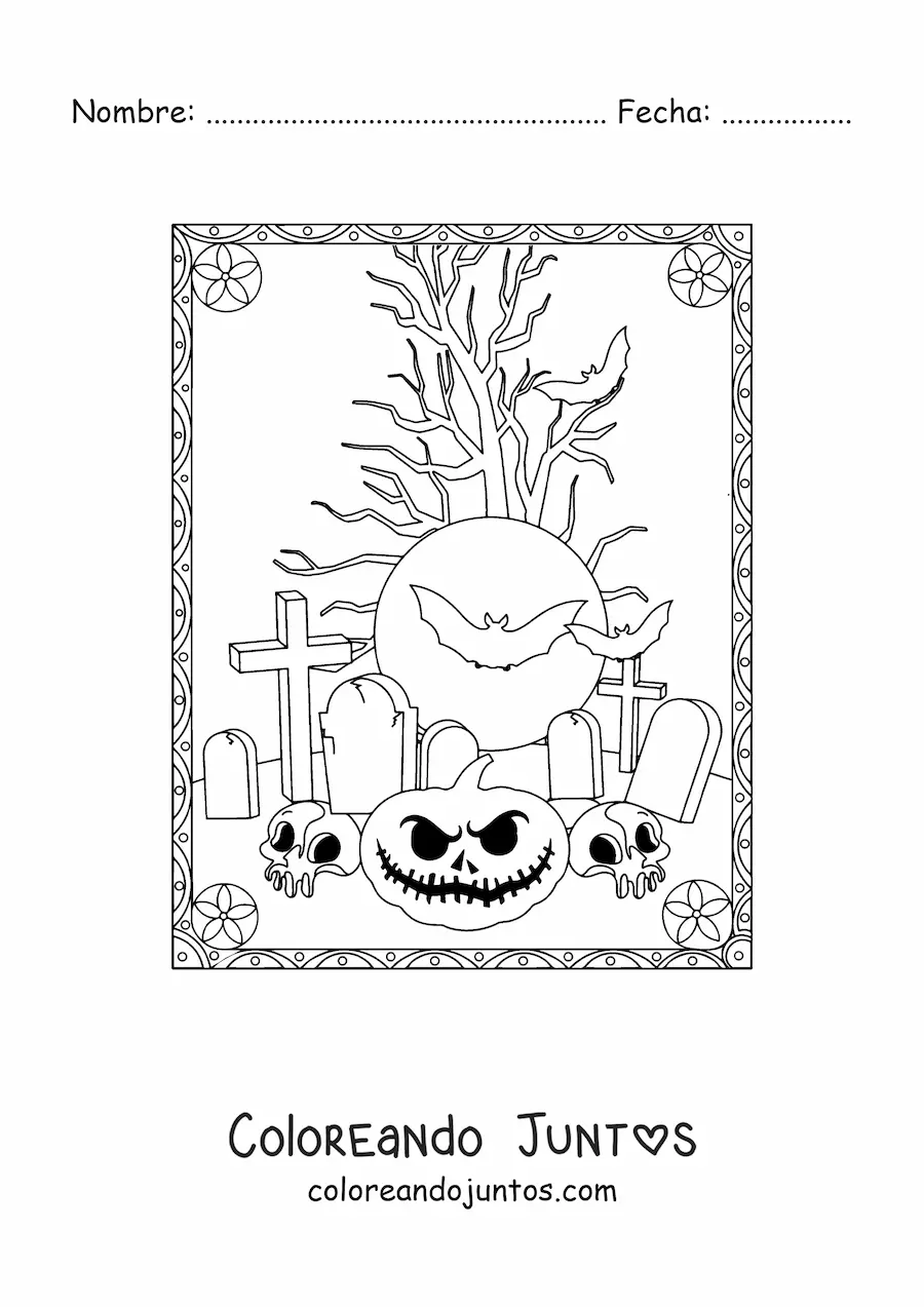 Imagen para colorear de siluetas de murciélagos con calabazas terroríficas de Halloween