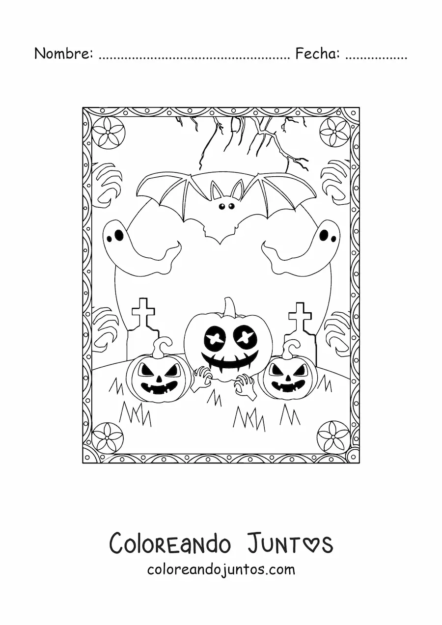 Imagen para colorear de mucielagos con fantasmas y calabazas terroríficas de Halloween