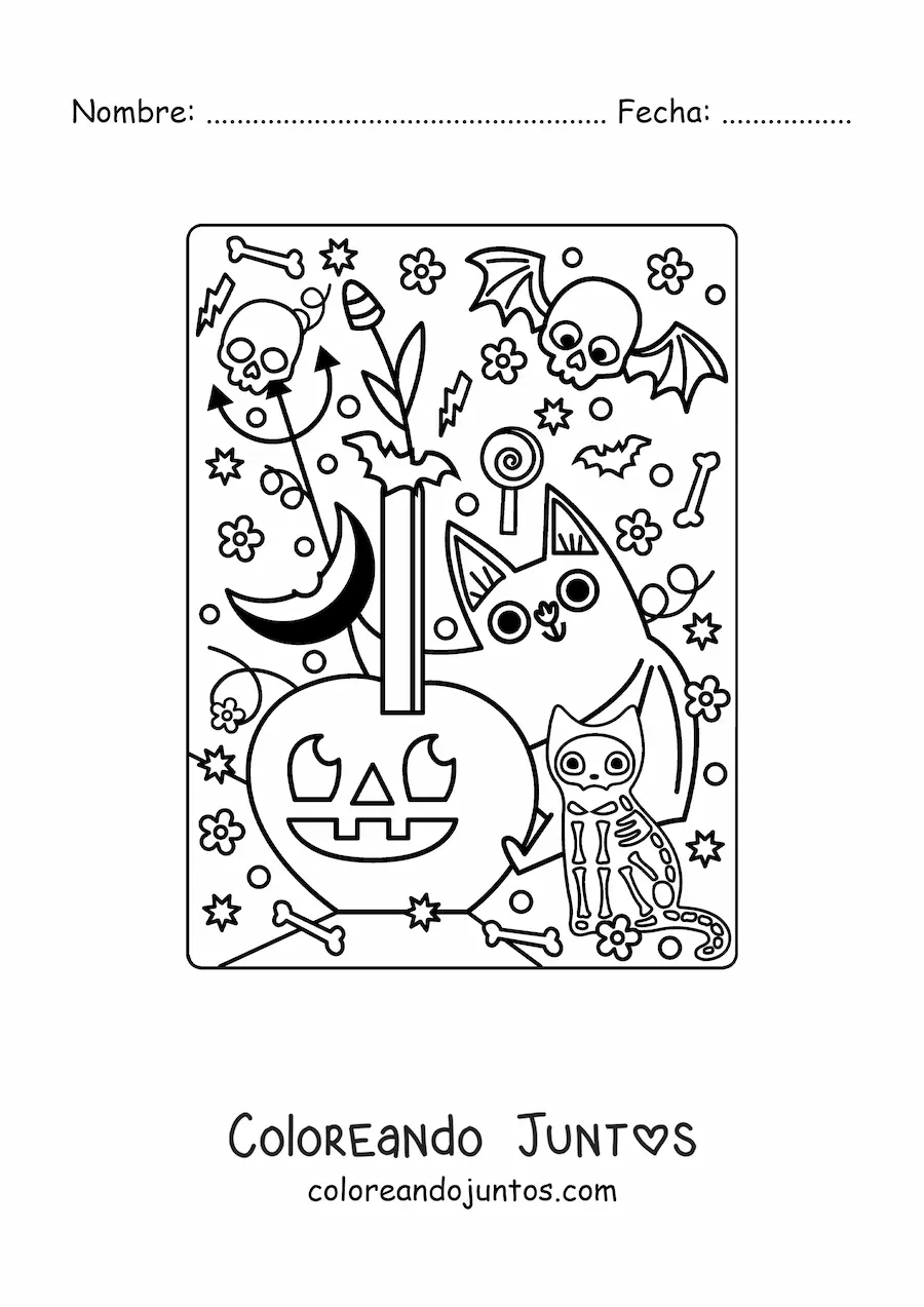 Imagen para colorear de murciélago con calavera y gato en Halloween