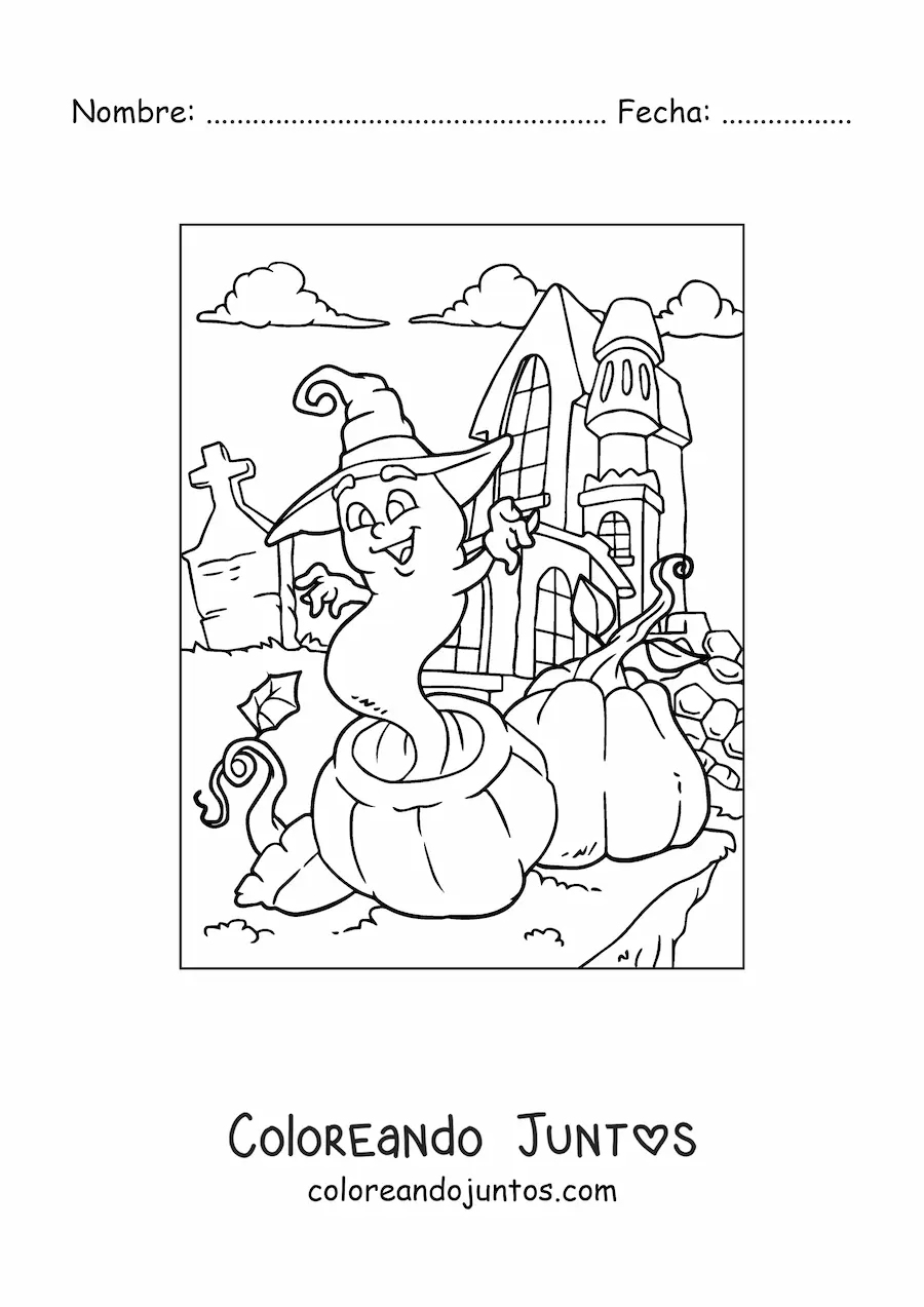 Imagen para colorear de fantasma animado con sombrero de bruja y casa encantada