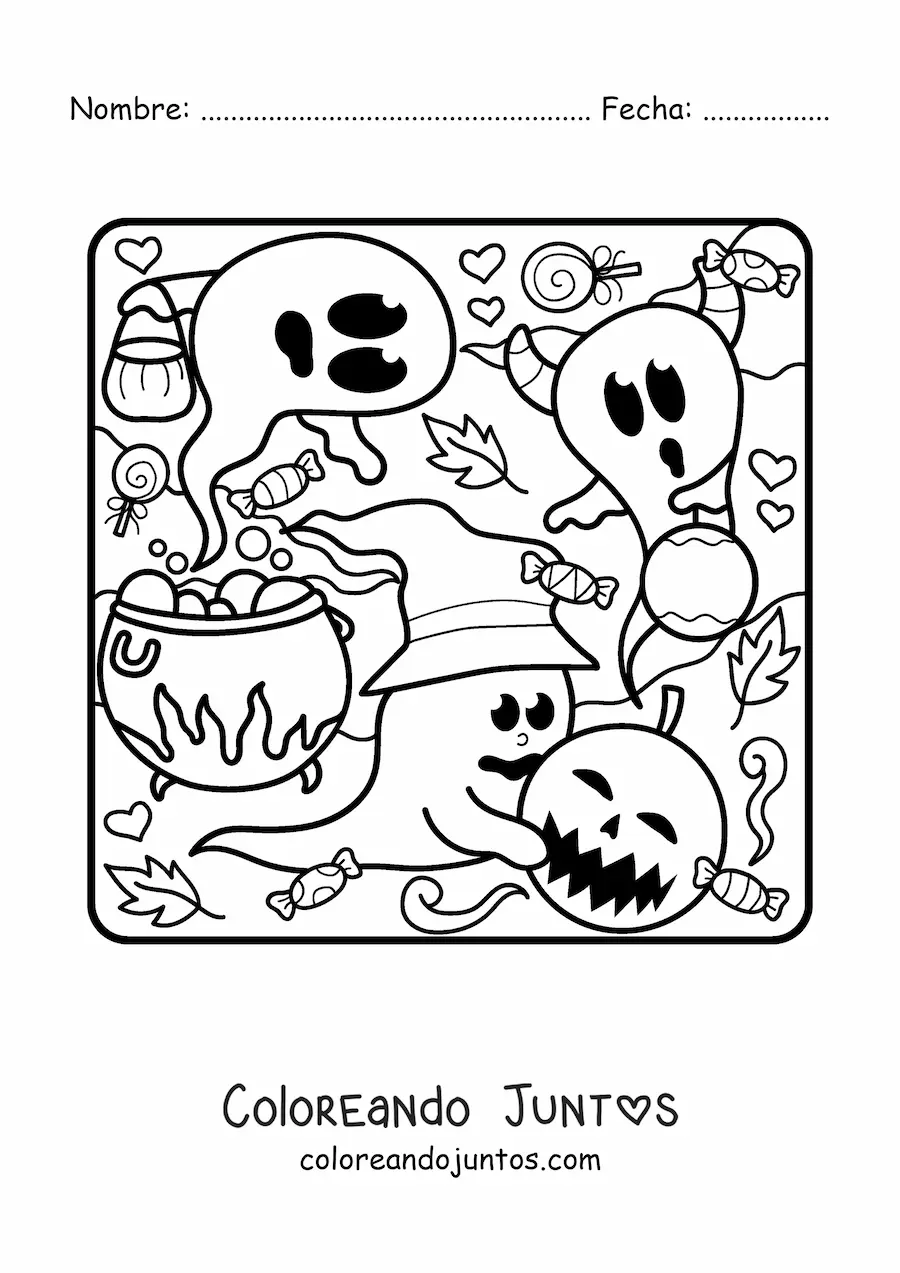 Imagen para colorear de fantasma con sombrero de bruja y caldero