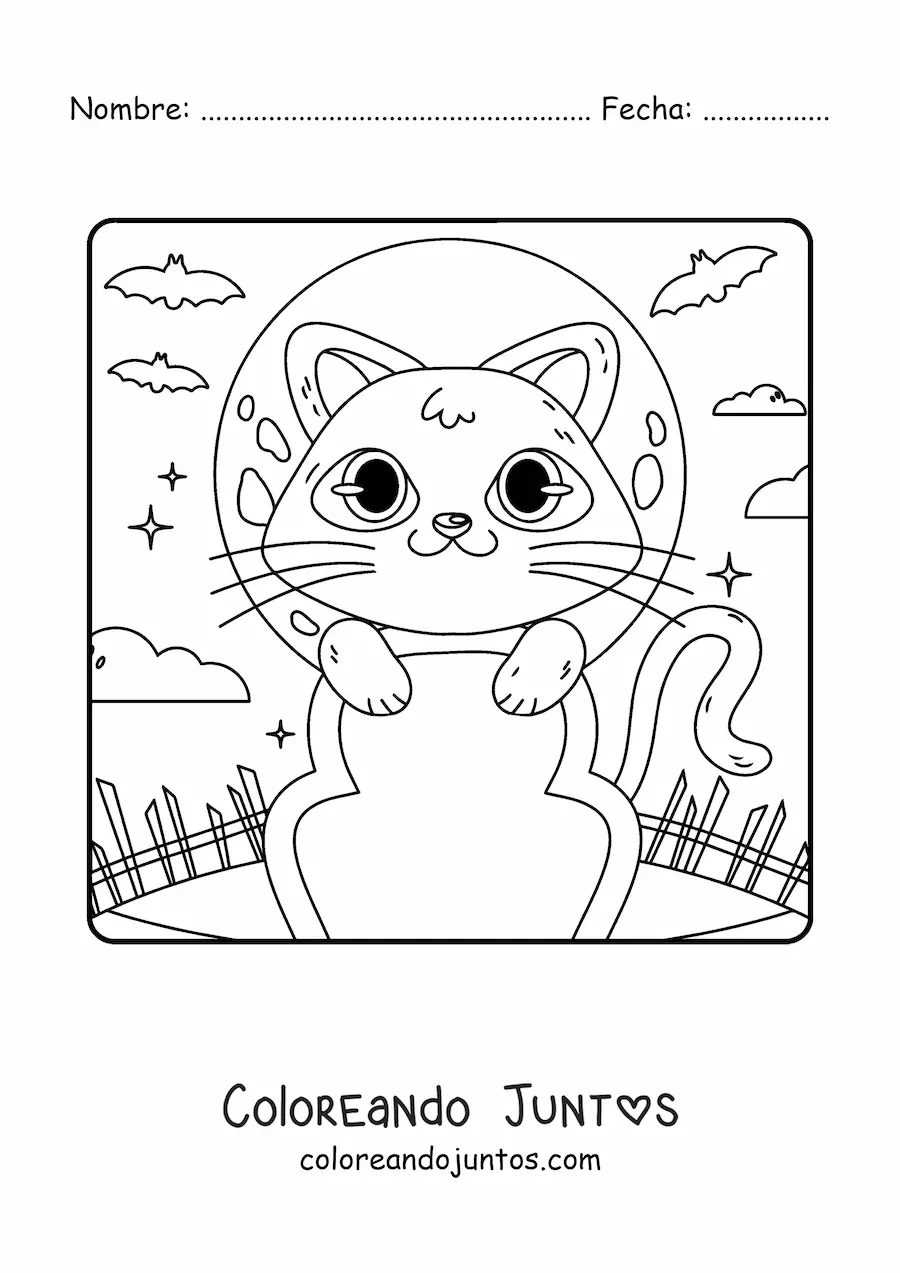 Imagen para colorear de gato kawaii en una tumba en Halloween