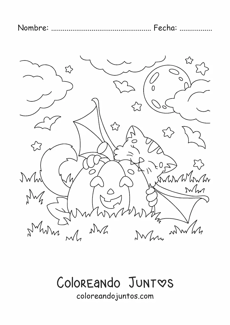 Imagen para colorear de gato kawaii mordiendo una calabaza de Halloween