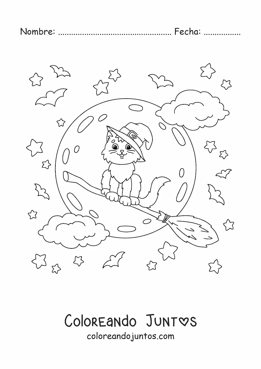 Imagen para colorear de gato kawaii con sombrero de bruja volando en escoba