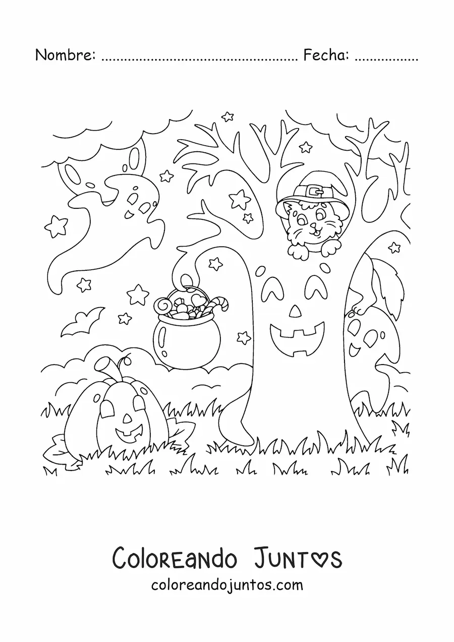 Imagen para colorear de gato kawaii con sombrero de bruja sobre un árbol tenebroso