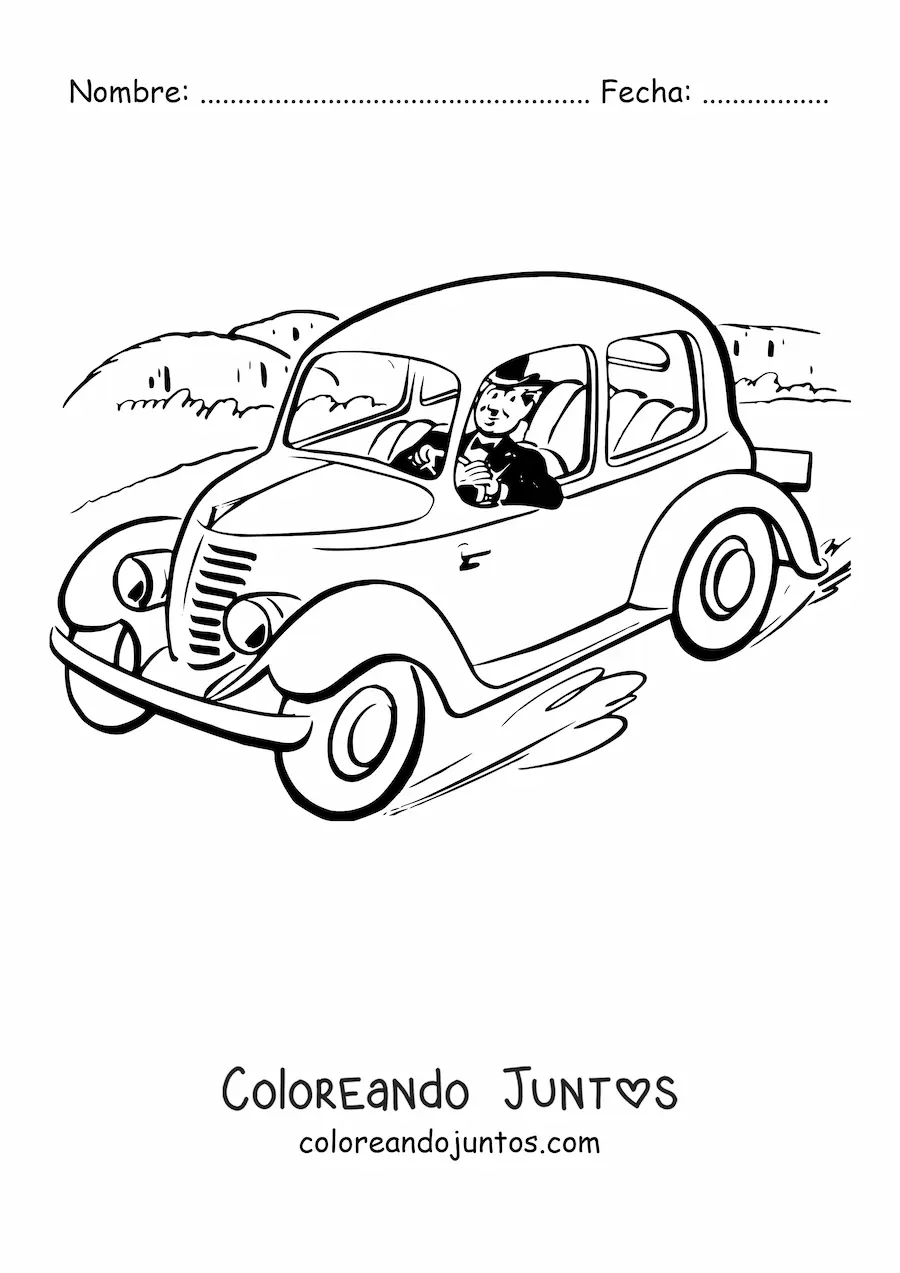Imagen para colorear de un hombre elegante conduciendo un auto vintage