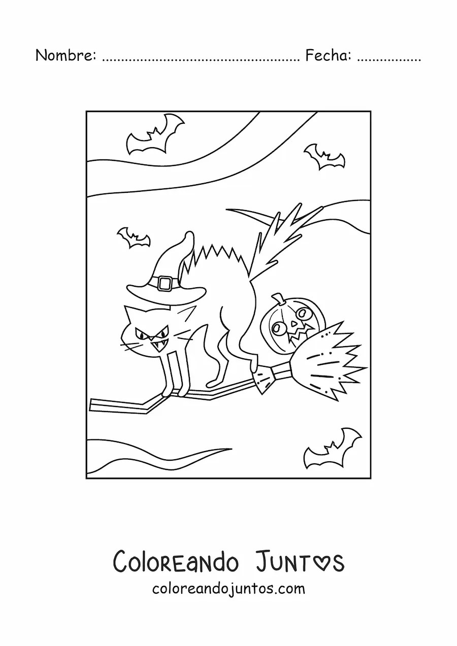 Imagen para colorear de gato volando en escoba de bruja en Halloween