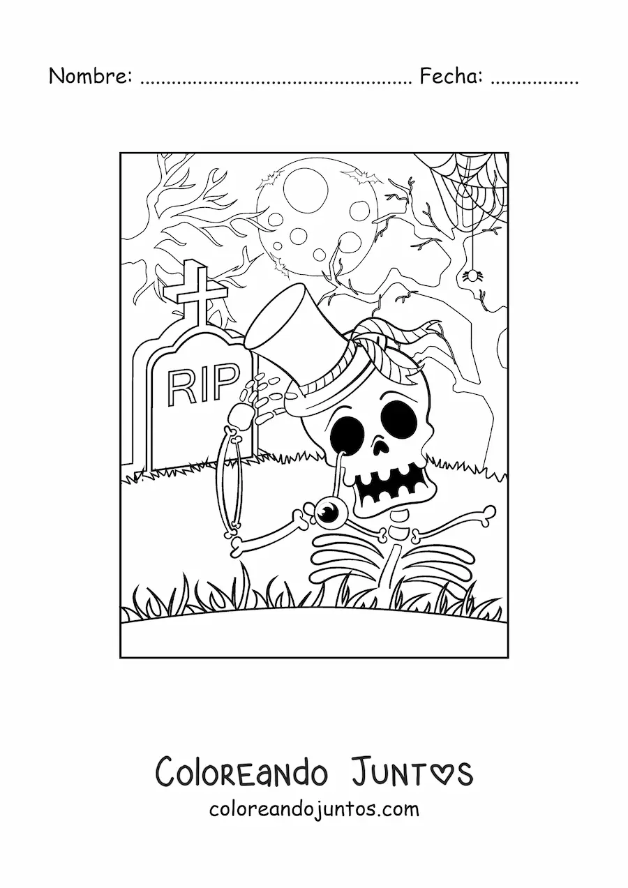 Imagen para colorear de esqueleto aterrador en su tumba en la noche de Halloween