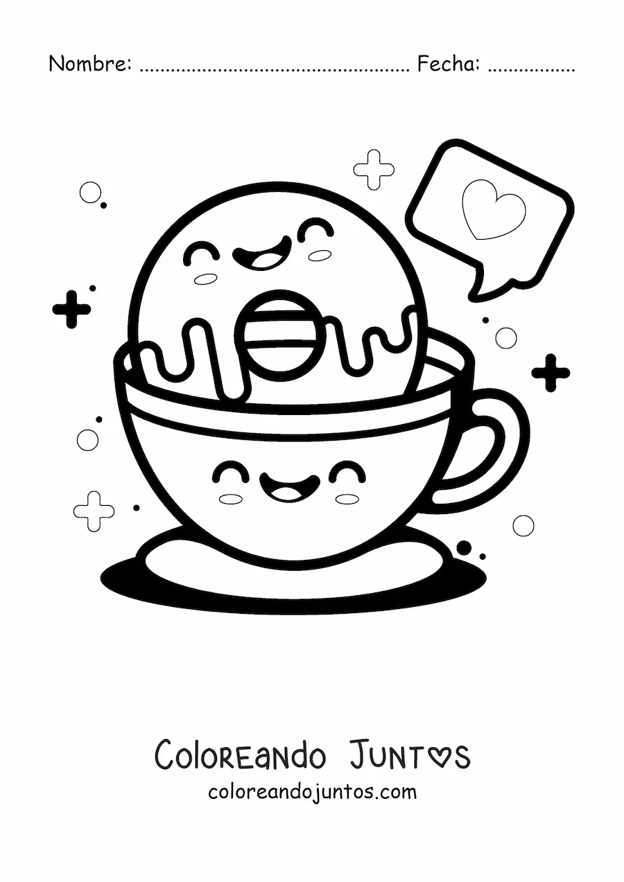 Imagen para colorear de una dona kawaii en una taza de café kawaii