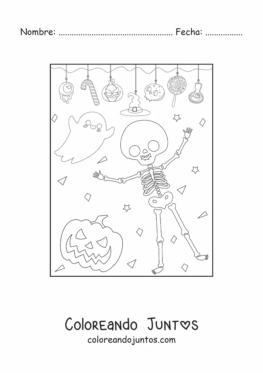 Imagen para colorear de esqueleto animado con fantasma en fiesta de Halloween