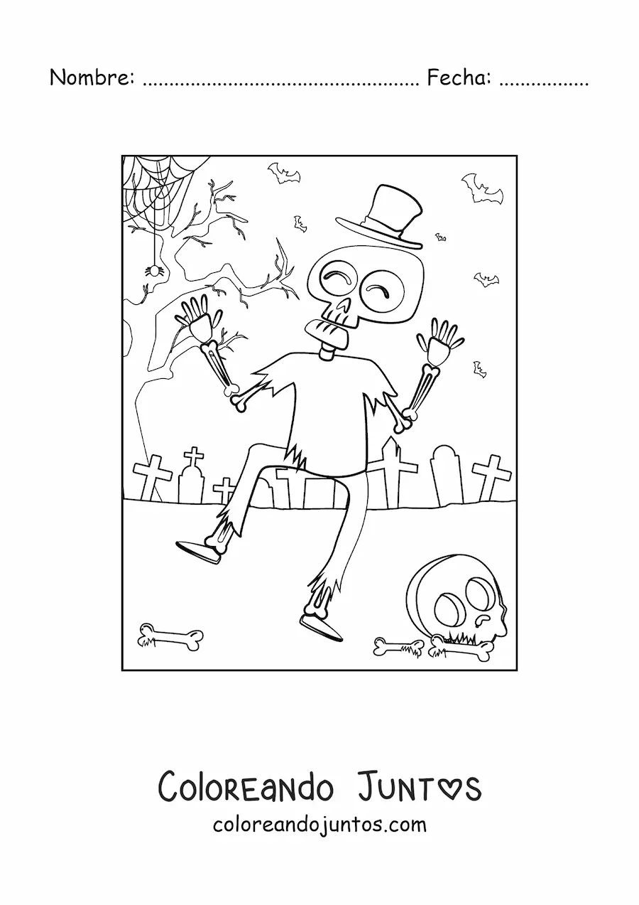 Imagen para colorear de esqueleto bailando en Halloween