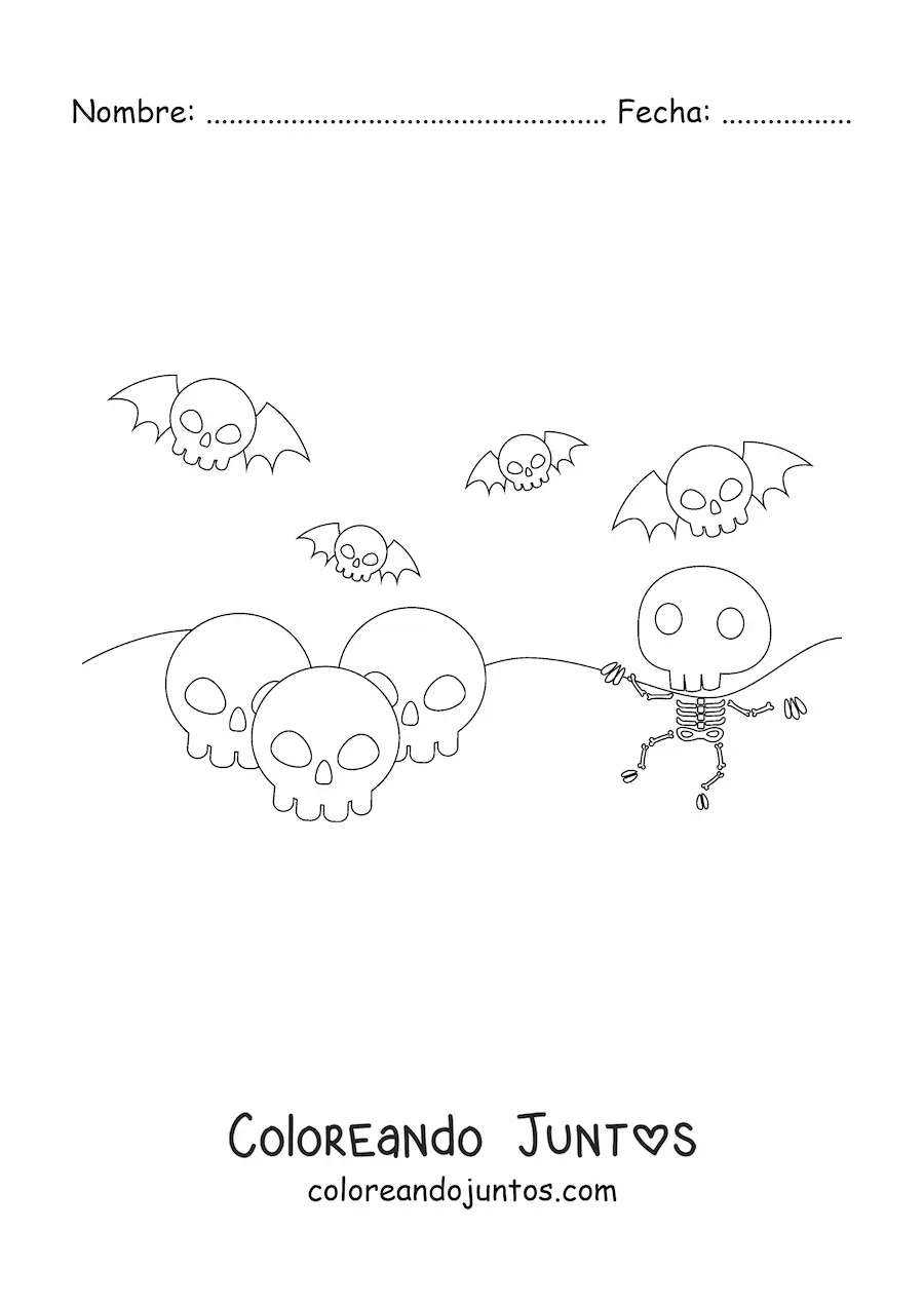 Imagen para colorear de esqueleto y calaveras de Halloween