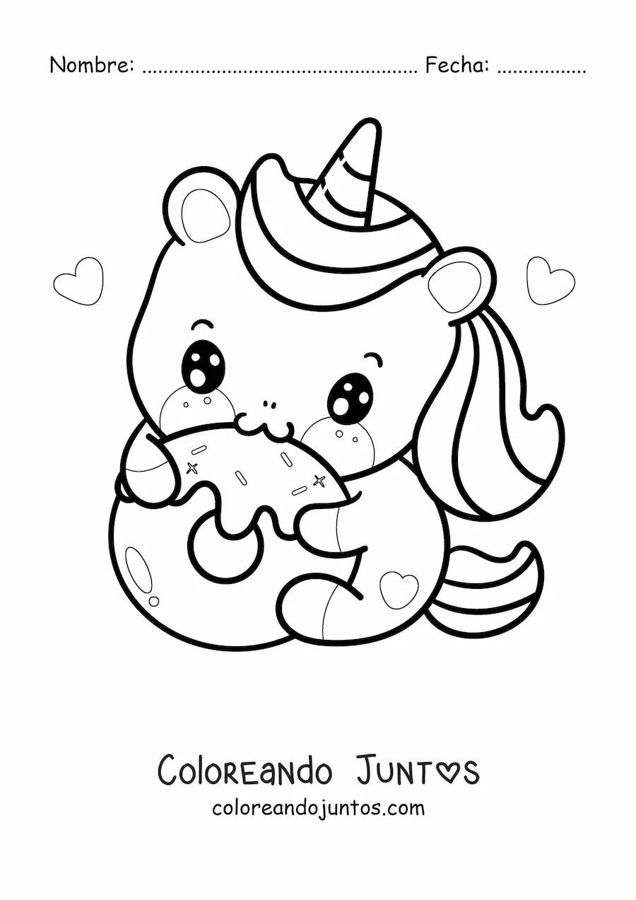 Imagen para colorear de un unicornio kawaii comiendo una dona