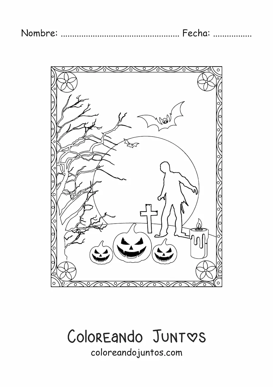 Imagen para colorear de silueta de un zombie caminando en un cementerio en Halloween