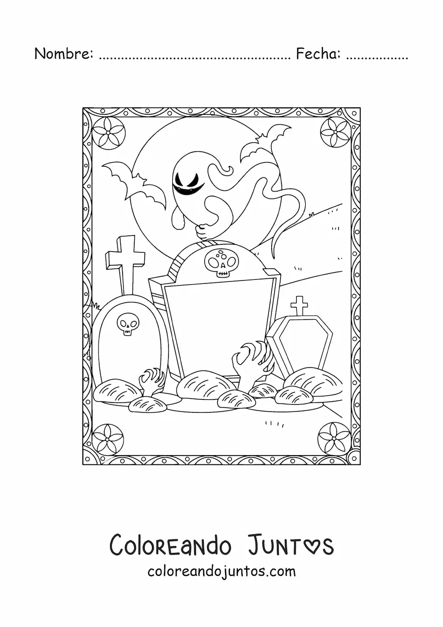 Imagen para colorear de mano de un zombie saliendo de su tumba con fantasmas
