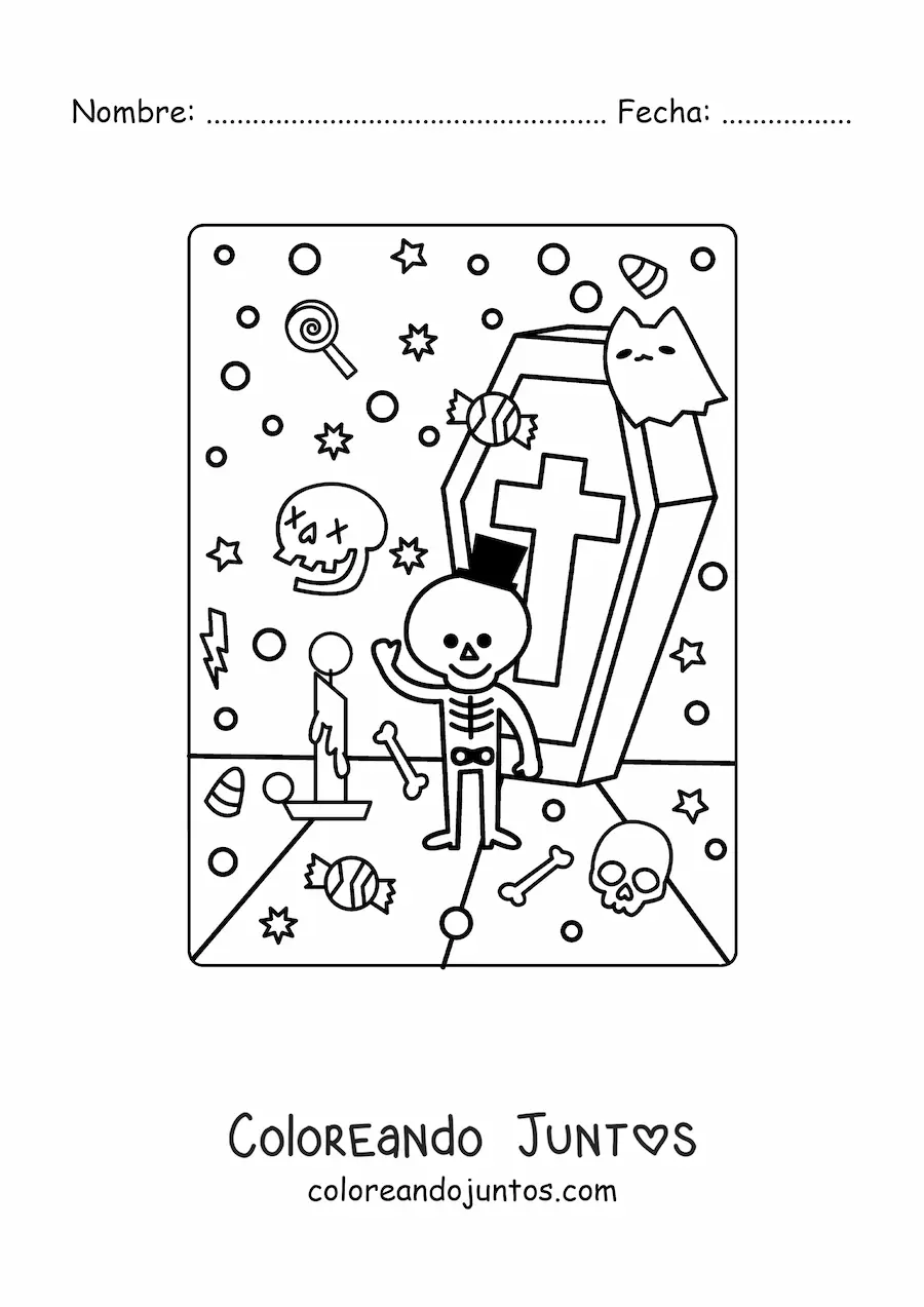 Imagen para colorear de tumba con esqueleto kawaii de Halloween