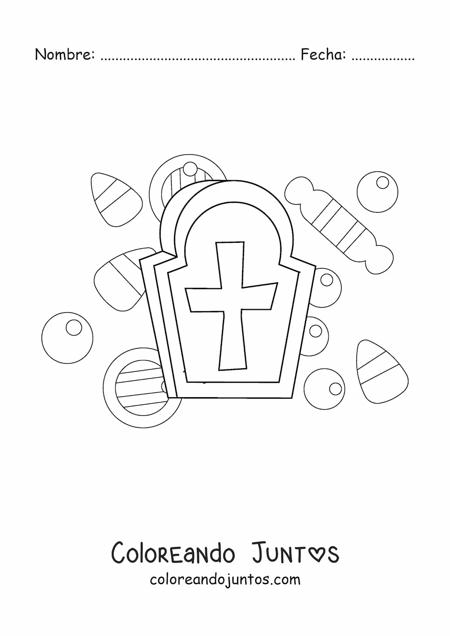 Imagen para colorear de tumba con dulces de Halloween