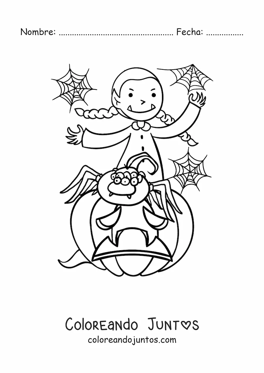 Imagen para colorear de chica vampiro con araña y calabaza de Halloween