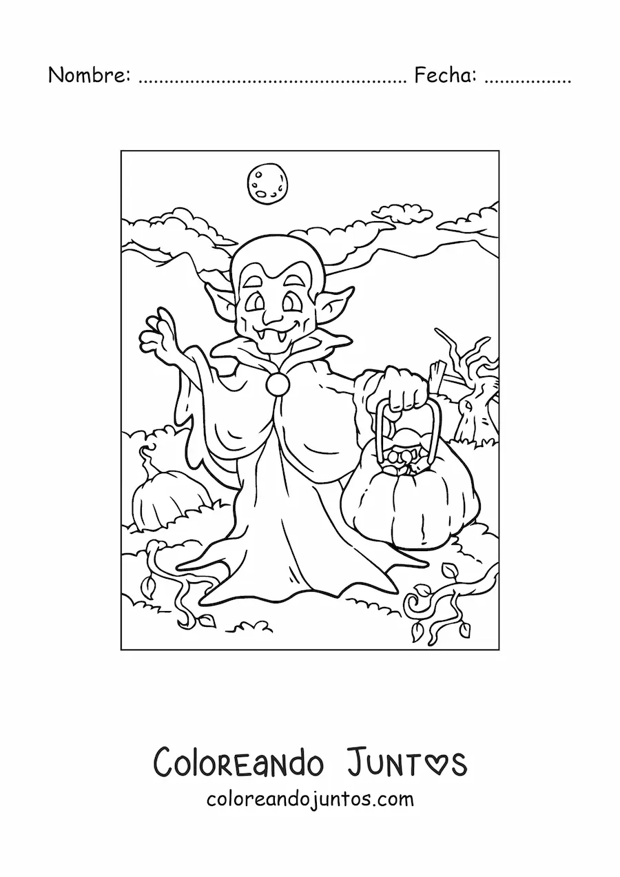 Imagen para colorear de caricatura de un vampiro con calabaza de Halloween