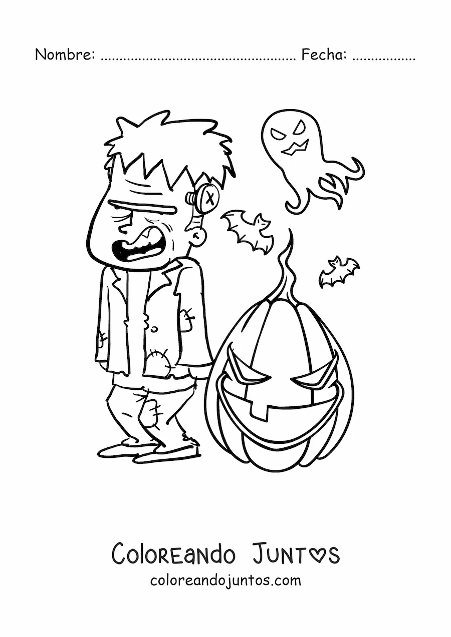 Imagen para colorear de Frankenstein animado grande con fantasmas y calabaza de Halloween