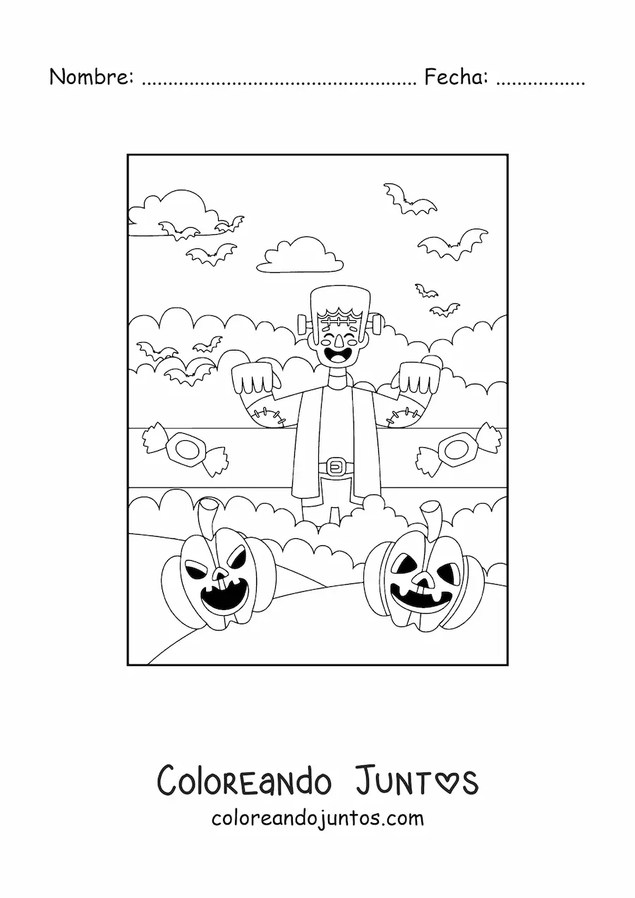 Imagen para colorear de Frankenstein animado kawaii con murciélagos y calabaza de Halloween