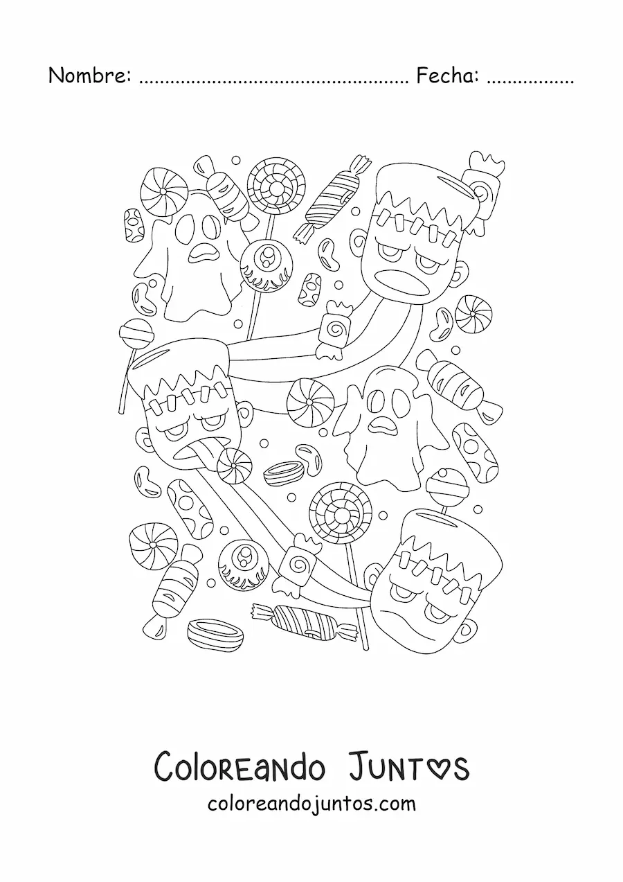 Imagen para colorear de cara de Frankenstein con fantasmas y dulces de Halloween