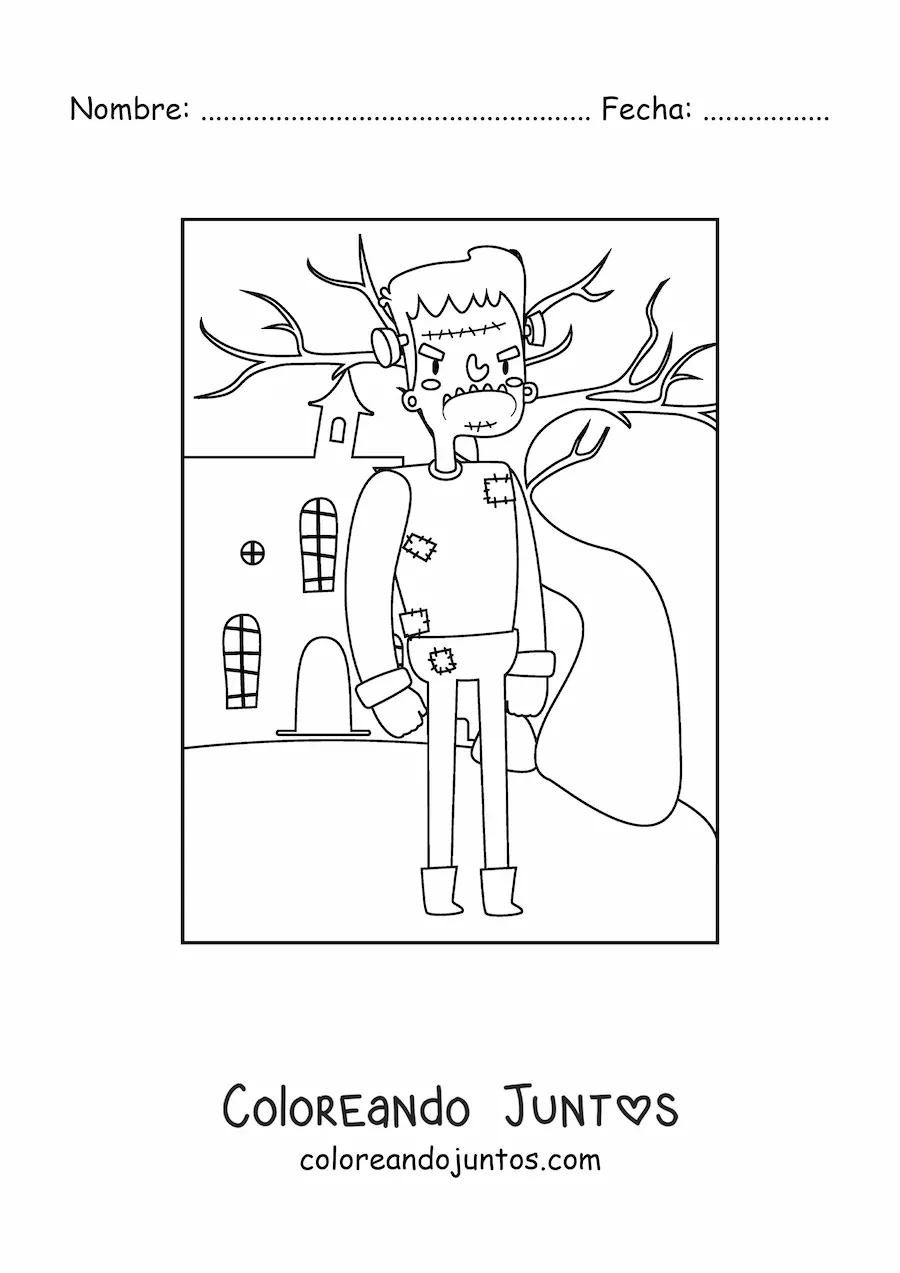 Imagen para colorear de Frankenstein frente a una casa encantada