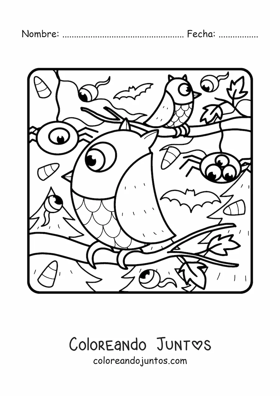 Imagen para colorear de búho con arañas de terror