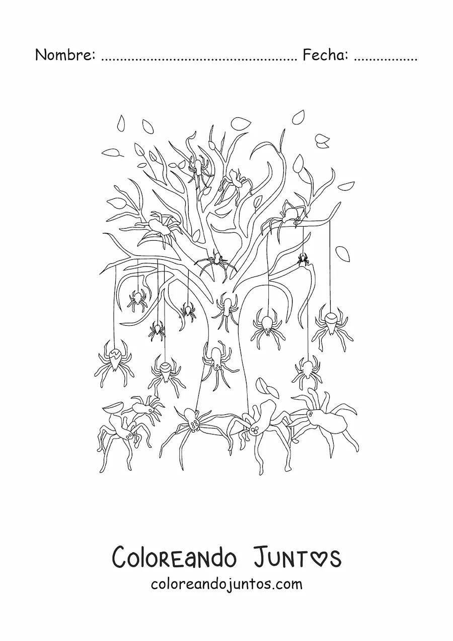 Imagen para colorear de árbol con arañas de terror