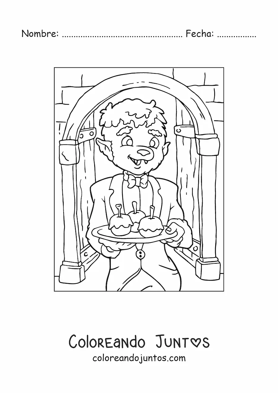 Imagen para colorear de hombre lobo animado con dulces de Halloween