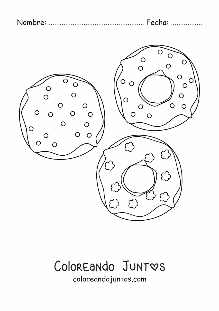 Imagen para colorear de tres donas de sabores distintos